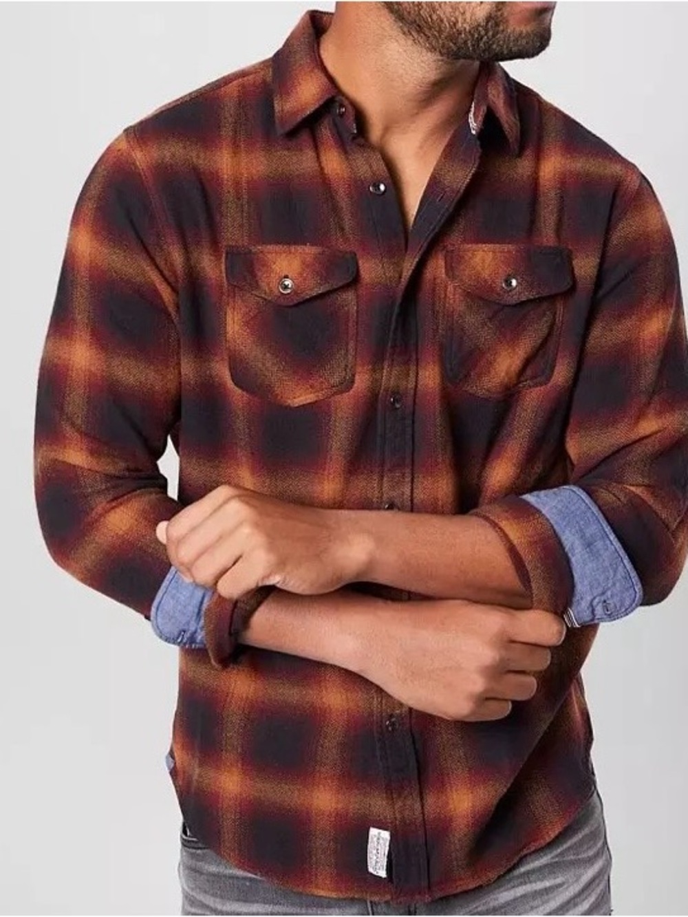 Flag & Anthem Plaid Button Up Shirt Men’s Large Flannel Style Brown Orange Check